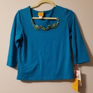 NWT RUBY RD Blue PM Top with Beaded Detail